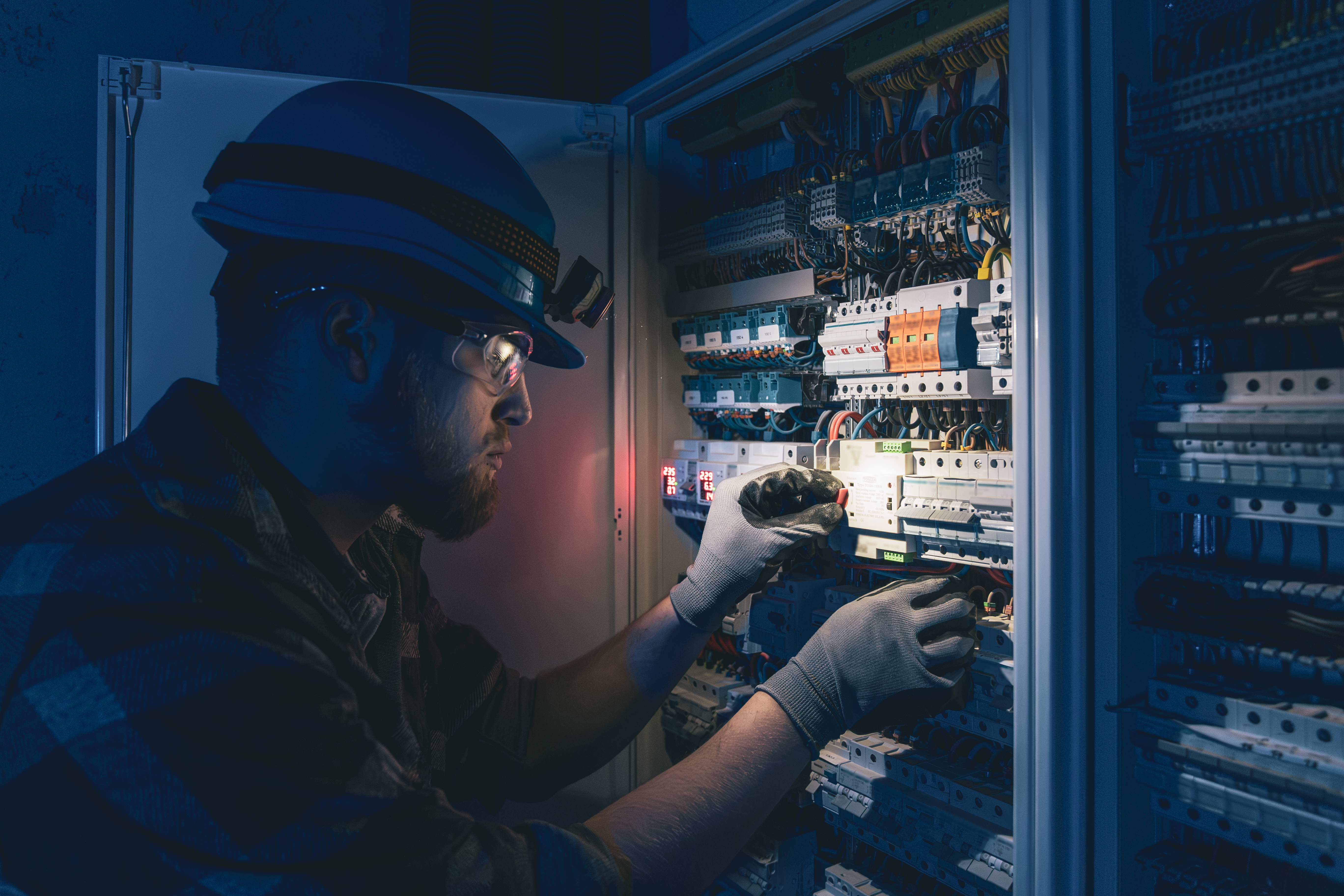 Male electrician working in switchboard with electrical connecting cable. Young adult electrical engineer in special clothes with flashlight on helmet in dark room with emergency lights in background.